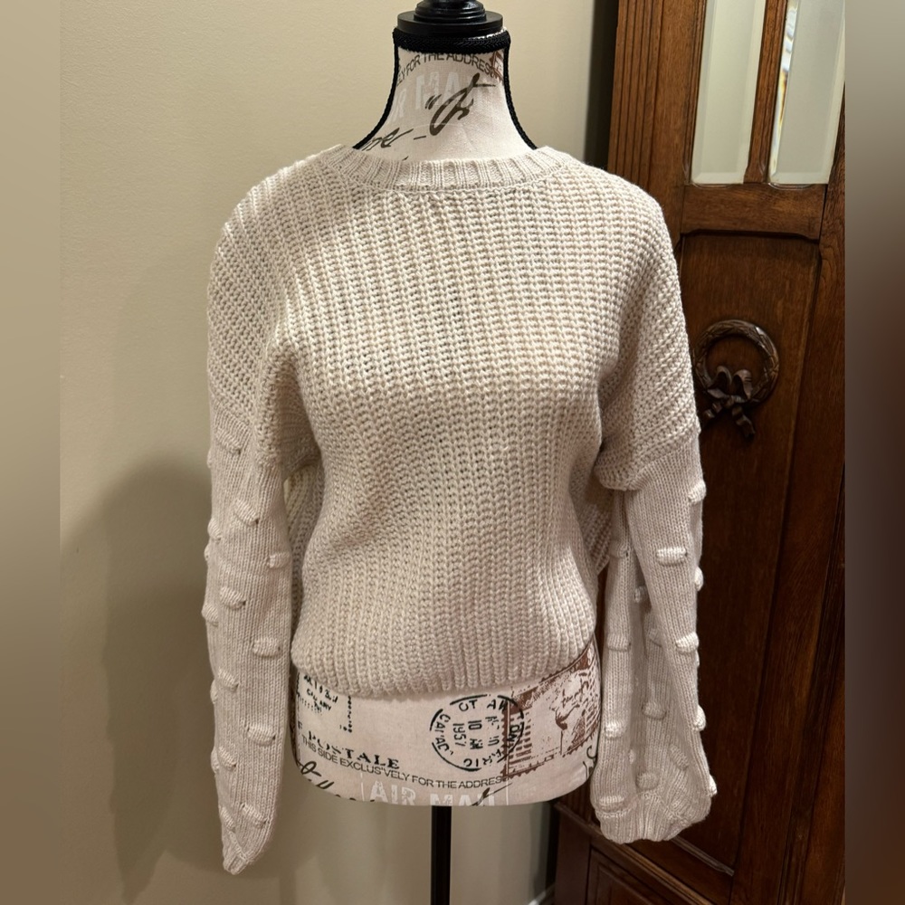 Cream Knit Sweater with Dot Detail Sleeves